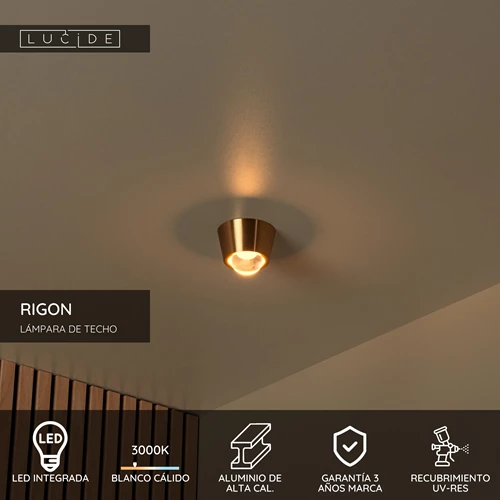 Lucide RIGON - Lámpara de techo - Ø 9 cm - LED - 1x7W 3000K - Oro mate / Latón - USP